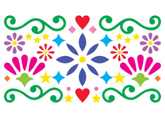 Wall Mural - Mexican folk art vector pattern, vibrant design with flowers greeting card inspired by old designs from Mexico
 