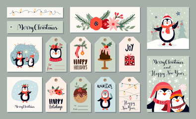 Wall Mural - christmas tags/labels/greeting cards with cute penguins and winter seasonal elements