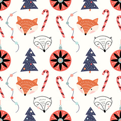 Wall Mural - christmas seamless pattern with foxes and ornaments