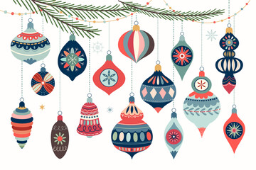 christmas ornaments collection with decorative christmas balls isolated on white, winter design