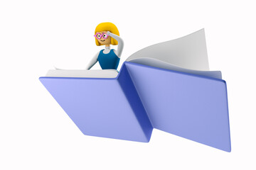 Schoolgirl Sophie sits on a book and flies to knowledge. Striving for knowledge. 3d illustration. 3d rendering