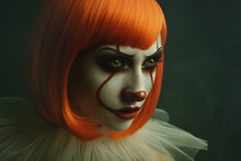 Portrait Of Young Female With Clown Make-up. Halloween Style. Pennywise Faceart.
