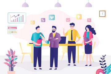 Wall Mural - Group of people met on business conference. Employees discussing new project or company statistics. Colleagues in office brainstorming