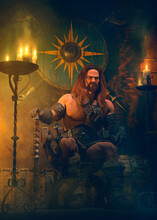 Viking Chief With The Ax As Odin Sitting On An Ancient Throne In A Medieval House With Smoke And Candles - Concept Art - 3D Rendering 