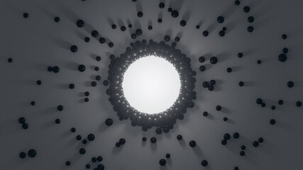 gathering of black spheres to the center light animation. attraction of objects with long shadows. 3