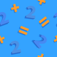 Poster - Two plus two seamless pattern. Blue numbers with orange arithmetic signs algebraic counting in mathematics business calculations and marketing vector operations addition in retail.