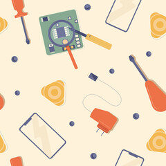 Poster - Mobile phone repair seamless pattern. Smartphone repair and adjustment services screwdriver with red handle magnifier and soldering iron on green electronic board spare glass from vector screen.