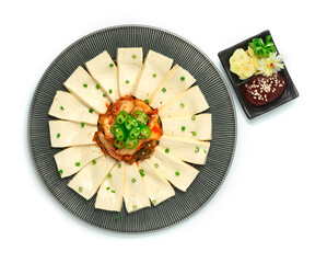 Wall Mural - Tofu Kimchi ontop Green Chili served Kochujang chili sauce and garlic