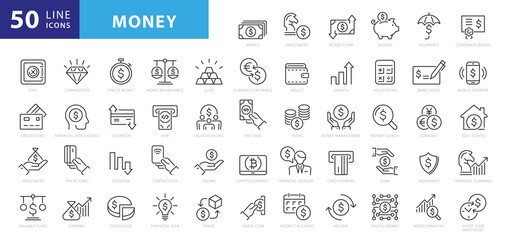 Wall Mural - Money line icons. Set of Banking, Wallet and Coins icons. Credit card, Currency exchange and Cashback money service. Euro and Dollar, Cash wallet, exchange. Banking credit card, atm payment. Vector