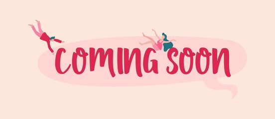 Poster - Coming soon banner. Red new project marketing promotion advertising arrival product in markets appearance of new film and play on screens trade brand template notifying fresh vector release.