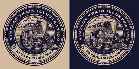 a black and white round emblem with a vintage train. this design can also be used as a shirt print o