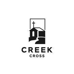 hill and river creek with holy christian cross logo, church of Catholic in nature landscape illustration