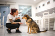 © Natalia - Young owner of the restaurant happily greets the dog. Concept pet friendly and welcoming animals in the restaurant.