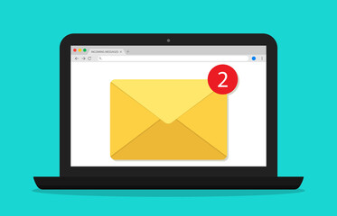 Poster - Mail in computer. Email window in laptop screen. Newsletter with alert. Icon of message and notification. Receive new document in online. Digital electronic envelope for marketing. PC desktop. Vector