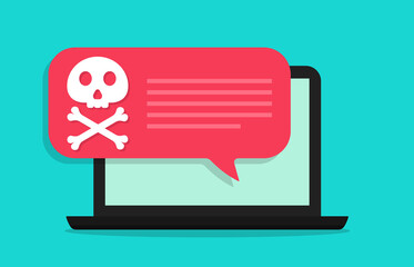 Poster - Spam, scam virus on computer. Alert about malware virus in laptop screen. Icon of fraud, ransomware, hacker attack in internet. Skull-symbol threat in email, web, software. Data in security. Vector.