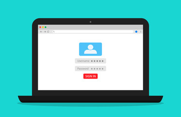 Poster - Login and password for register account in laptop screen. icon of create username and log in computer. Online registration on website for user. Form of verification for identity and security. Vector