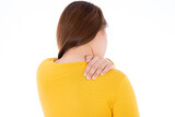 Fototapeta  - Woman suffering from neck and shoulder pain isolated white background. Health care and medical concept.