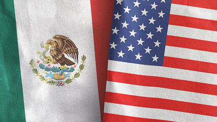 Sticker - United States and Mexico two flags textile cloth 3D rendering