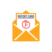 Bad Report Card And Envelope Icon. Clipart Image Isolated On White Background.