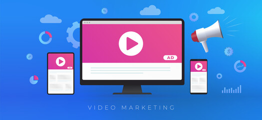 Fototapete - Video Marketing, online digital media advertising business concept. Digital marketing with online broadcasting and streaming video content. Ad media on desktop, laptop, tablet pc, mobile phone screen