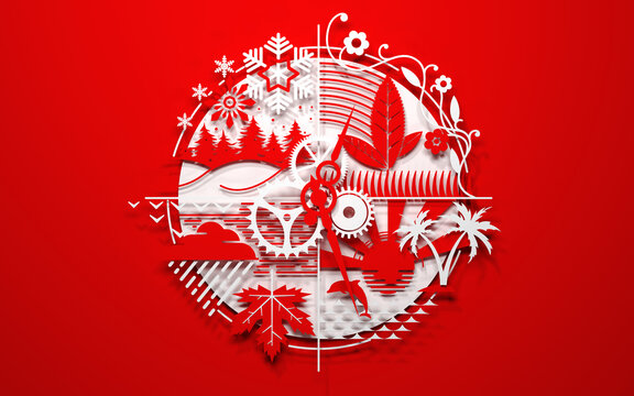 Circle of life red wallpaper. All seasons cycle symbol. Spring, summer, autumn, winter. Hands of the life clock. 3D rendering.