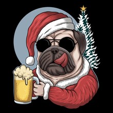Pug Dog Beer Wearing A Santa Costume For Christmas Vector Illustration