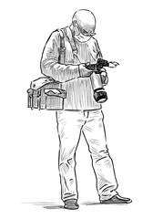 Sticker - Sketch of elderly professional  fotographer in mask at a work