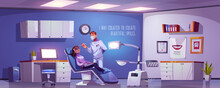 Dental Room With Woman Sitting In Chair And Doctor. Vector Cartoon Illustration With Dentist And Girl Patient In Stomatology Office In Clinic Or Hospital. Tooth Treatment And Care Concept