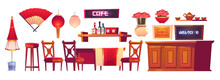 Chinese Restaurant Interior With Wooden Bar Counter, Chairs And Table. Vector Cartoon Set Of Furniture In China Cafe Decorated With Asian Lantern, Fan And Flowers Isolated On White Background