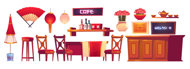 Chinese restaurant interior with wooden bar counter, chairs and table. Vector cartoon set of furniture in china cafe decorated with asian lantern, fan and flowers isolated on white background