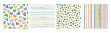 Set Of Simple Seamless Patterns With Hearts, Polka Dots And Stripes. In Bright Children's Themed Colors.