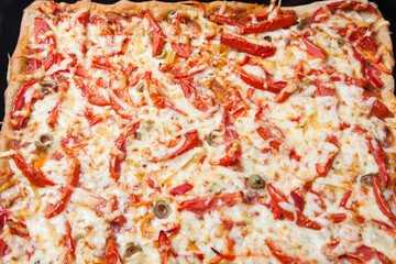 Freshly baked pizza with lots of cheese and tomatoes