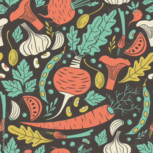 Seamless pattern with vegetables and mushrooms Canvas Print