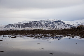 Poster - Snow covered mountain reflecting in water of black sand beach in Iceland