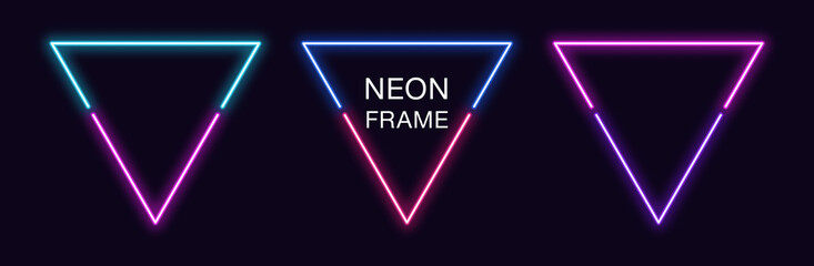 Neon triangle Frame. Set of triangular neon Border in 2 outline parts. Geometric shape