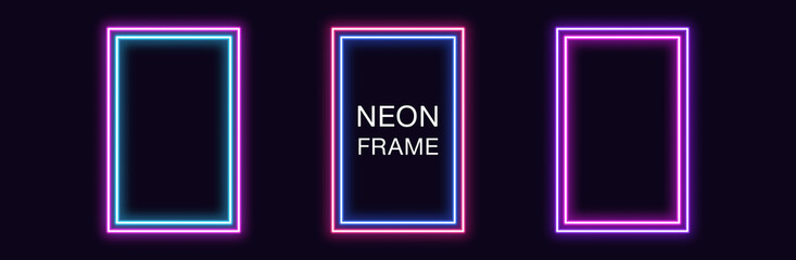 Poster - Neon rectangle Frame. Set of rectangular neon Border with double outline. Geometric shape