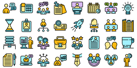Sticker - Meeting icons set. Outline set of meeting vector icons thin line color flat on white