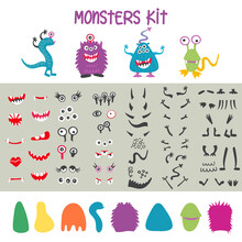 Make A Monster Icons Set, With Alient Eyes, Mouths, Ears And Horns, Wings And Hand Body Parts. Vector Illustration