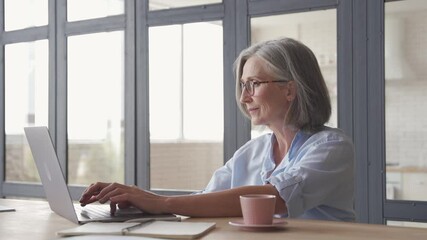 Wall Mural - older professional mature business woman using laptop computer sitting at workplace desk. happy seni
