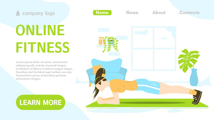 Sport Landing Page Layout. Online Personal Trainer and Fitness Coach. Indoor Physical Activity. Fitness Website Homepage. Design for banner, flyer or brochure. Cartoon Flat Vector Illustration.