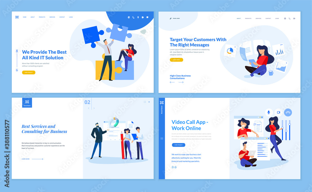 Set of website template designs of IT and business solution, consulting, video call app, work online, customer relations mana. Vector illustration concepts for website and mobile website development.  - obrazy, fototapety, plakaty 