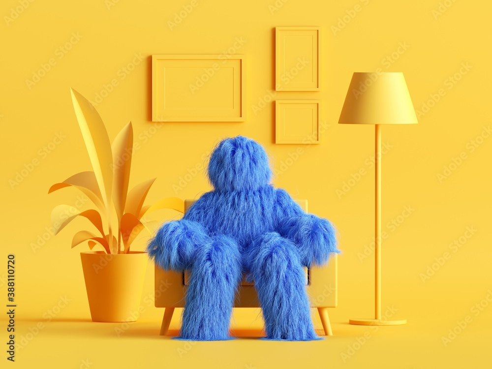 3d render, hairy yeti toy, blue cartoon character monster sits in an armchair inside modern minimal yellow living room. Abstract dollhouse interior - obrazy, fototapety, plakaty 