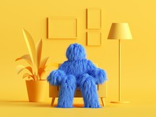 3d Render, Hairy Yeti Toy, Blue Cartoon Character Monster Sits In An Armchair Inside Modern Minimal Yellow Living Room. Abstract Dollhouse Interior