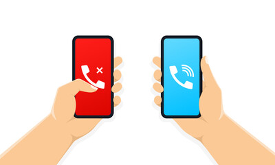 Wall Mural - Hands holding smartphone with call screen. Incoming call on smartphone screen. Decline phone call button on smartphone screen. Reject call.