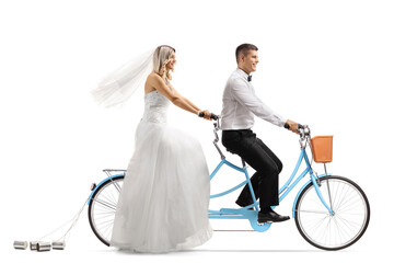 Sticker - Full length profile shot of a bride and groom riding on a tandem bicycle