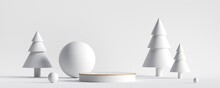 3d Render. White Christmas Background With White Fir Trees And Snow Balls. Empty Podium, Round Stage, Vacant Podium. Minimal Seasonal Showcase With Platform For Product Display