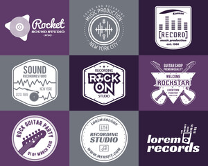 Set of music production logo Musical label icons. Stylish patch and emblem print or logotype Guitars badge for sound studio t shirt. Podcast, radio badges. Music icon