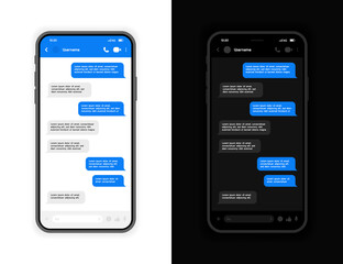 Messenger UI and UX design concept with light and dark mode interface. Smart Phone with messenger chat screen. Vector illustration