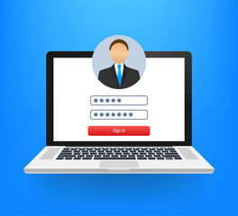 Poster - Login page on laptop screen. Notebook and online login form, sign in page. User profile, access to account concepts. Vector illustration.