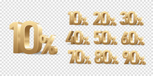 Discount 3D Golden Numbers With Percent Sign, Isolated On Transparent Background. Set Of Discount Numbers.
